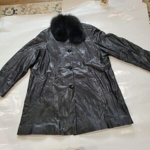 Black Leather Fox Fur Collar Coat